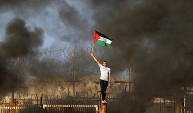 شاب يرفع العلم الفلسطيني على حاجز زيكيم في غزة